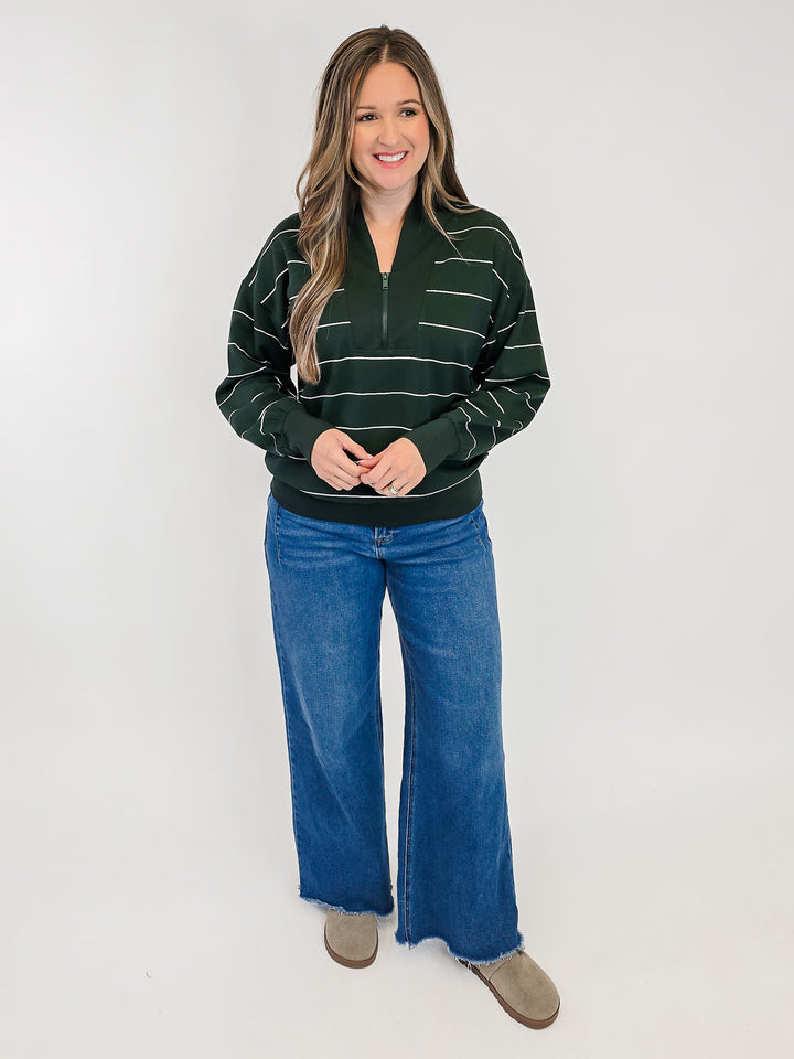 MODAL SCUBA STRIPED V-NECK PULLOVER - DARK GREEN/CREAM