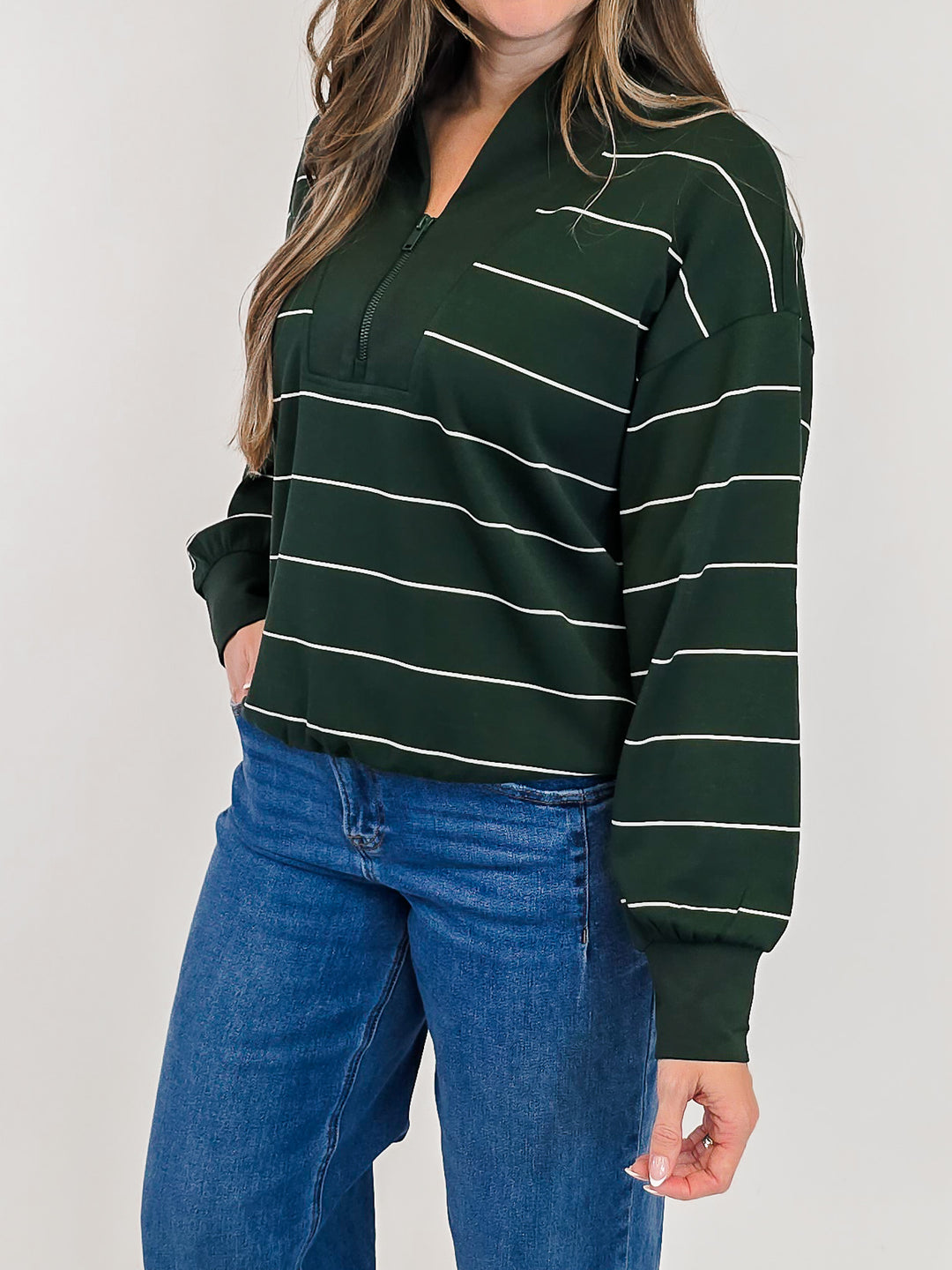 MODAL SCUBA STRIPED V-NECK PULLOVER - DARK GREEN/CREAM