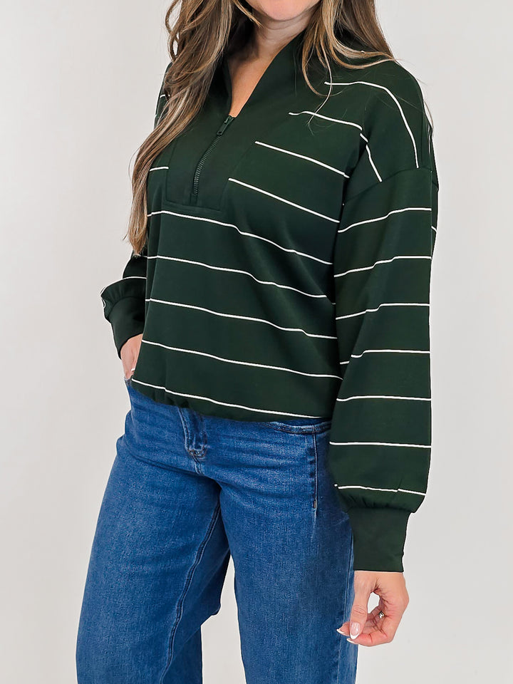 MODAL SCUBA STRIPED V-NECK PULLOVER - DARK GREEN/CREAM