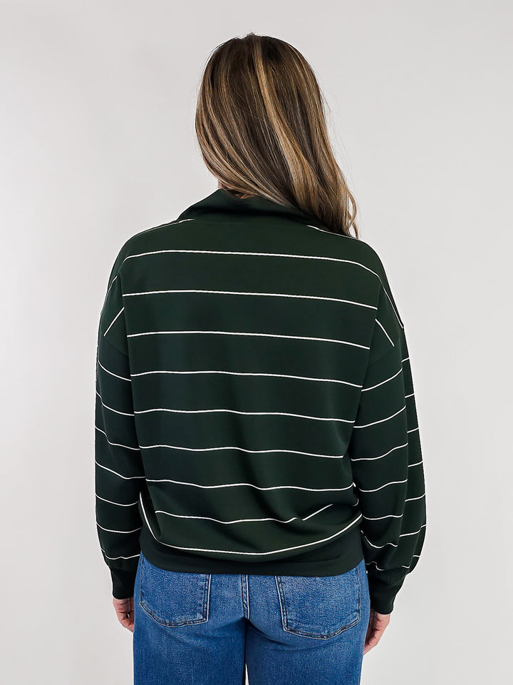 MODAL SCUBA STRIPED V-NECK PULLOVER - DARK GREEN/CREAM