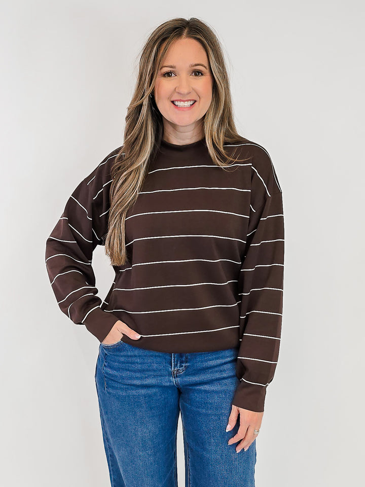 MODAL SCUBA STRIPED CREW NECK TOP - ESPRESSO/CREAM