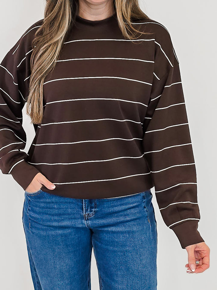 MODAL SCUBA STRIPED CREW NECK TOP - ESPRESSO/CREAM