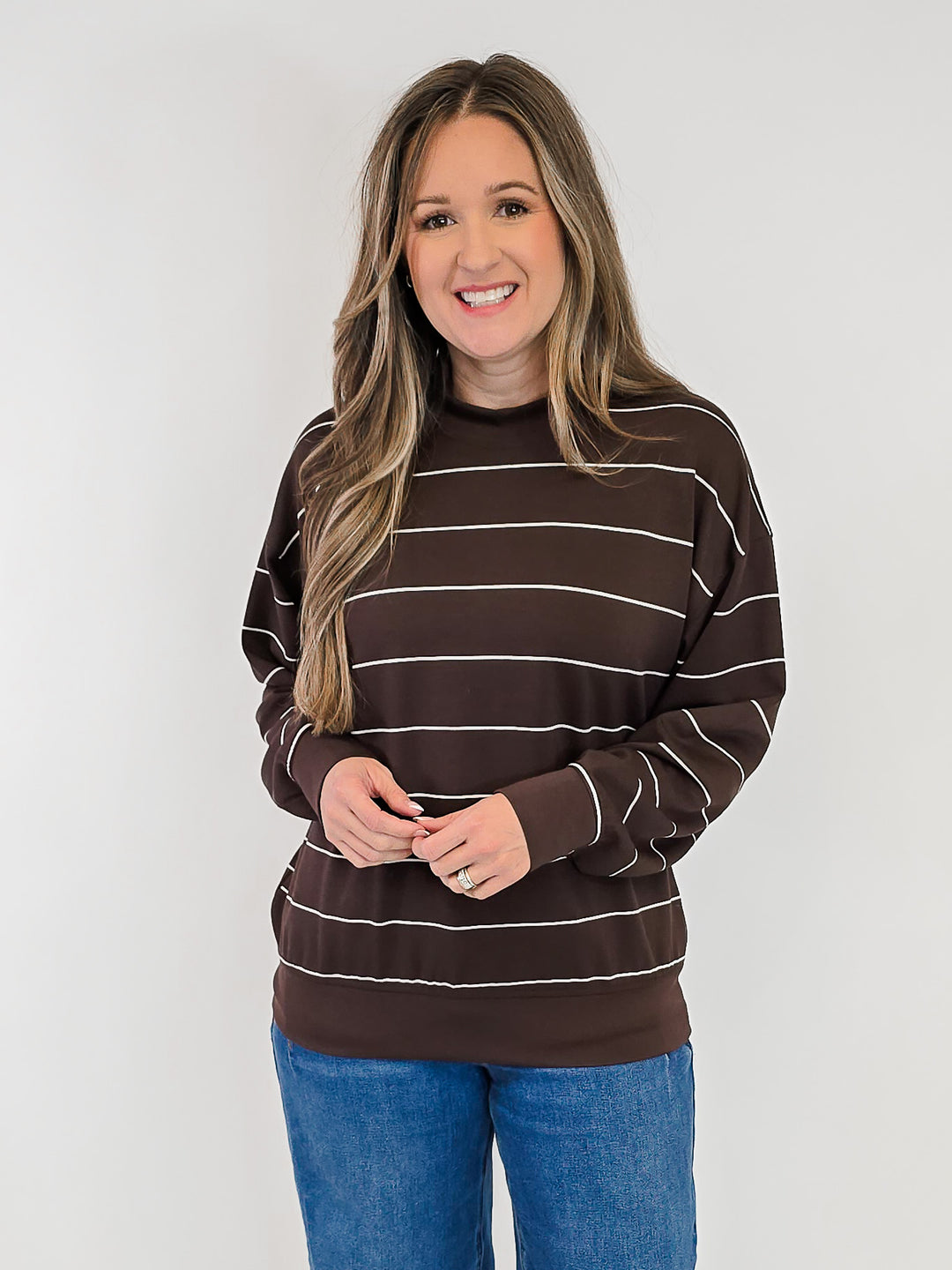 MODAL SCUBA STRIPED CREW NECK TOP - ESPRESSO/CREAM