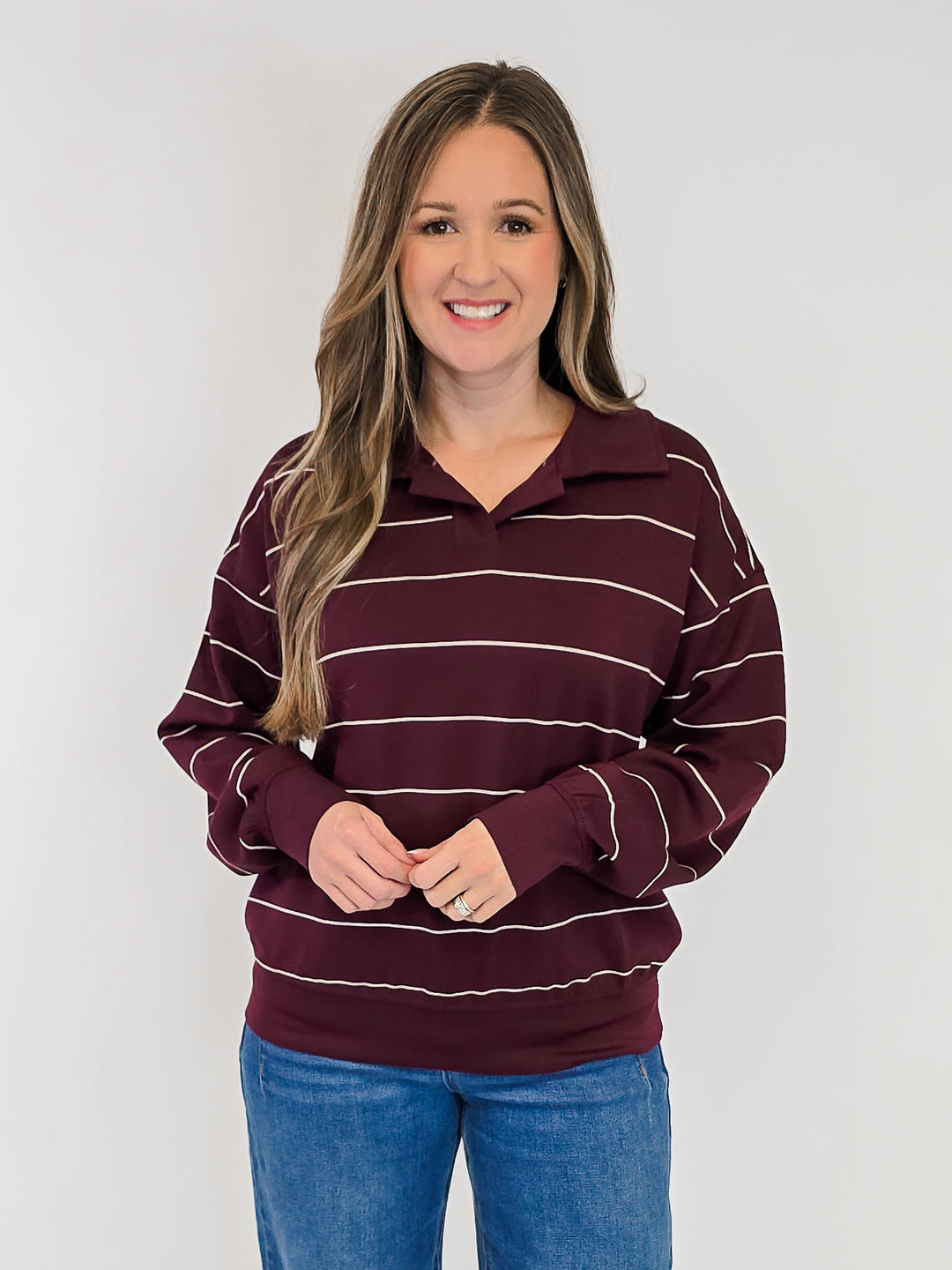 MODAL SCUBA STRIPED POLO SWEATSHIRT - DARK CHERRY/CREAM