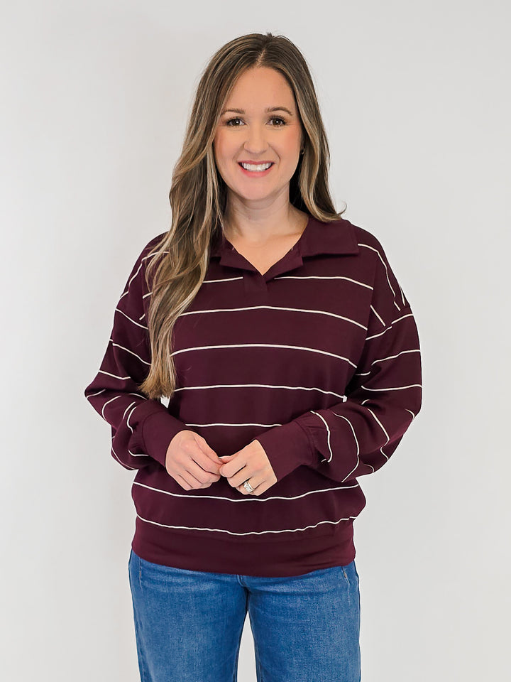 MODAL SCUBA STRIPED POLO SWEATSHIRT - DARK CHERRY/CREAM