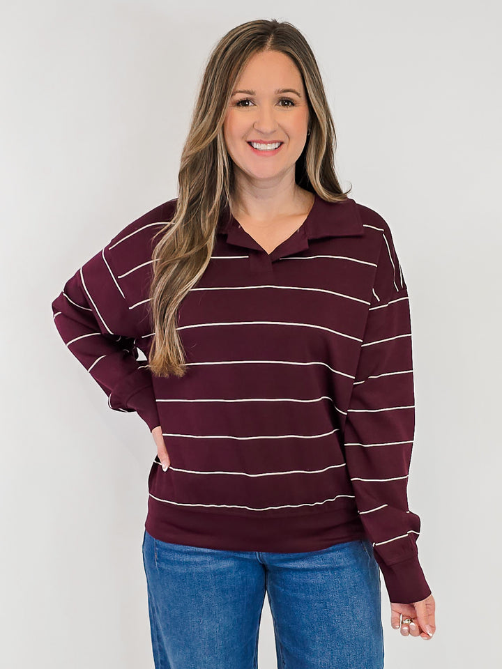 MODAL SCUBA STRIPED POLO SWEATSHIRT - DARK CHERRY/CREAM