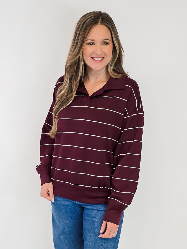 MODAL SCUBA STRIPED POLO SWEATSHIRT - DARK CHERRY/CREAM