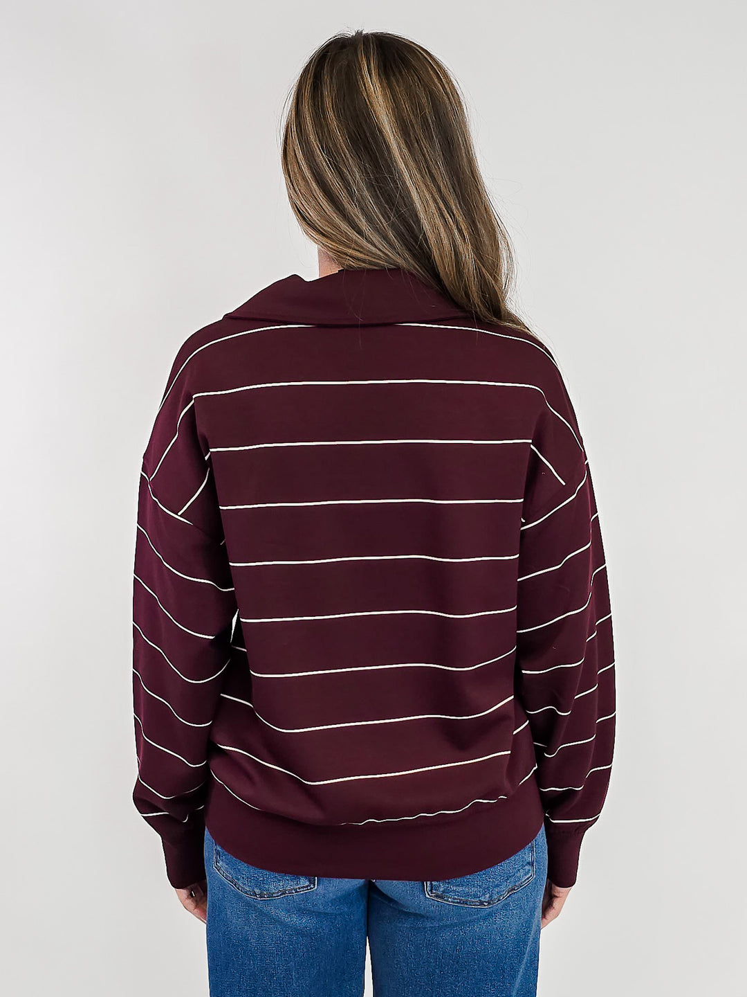 MODAL SCUBA STRIPED POLO SWEATSHIRT - DARK CHERRY/CREAM