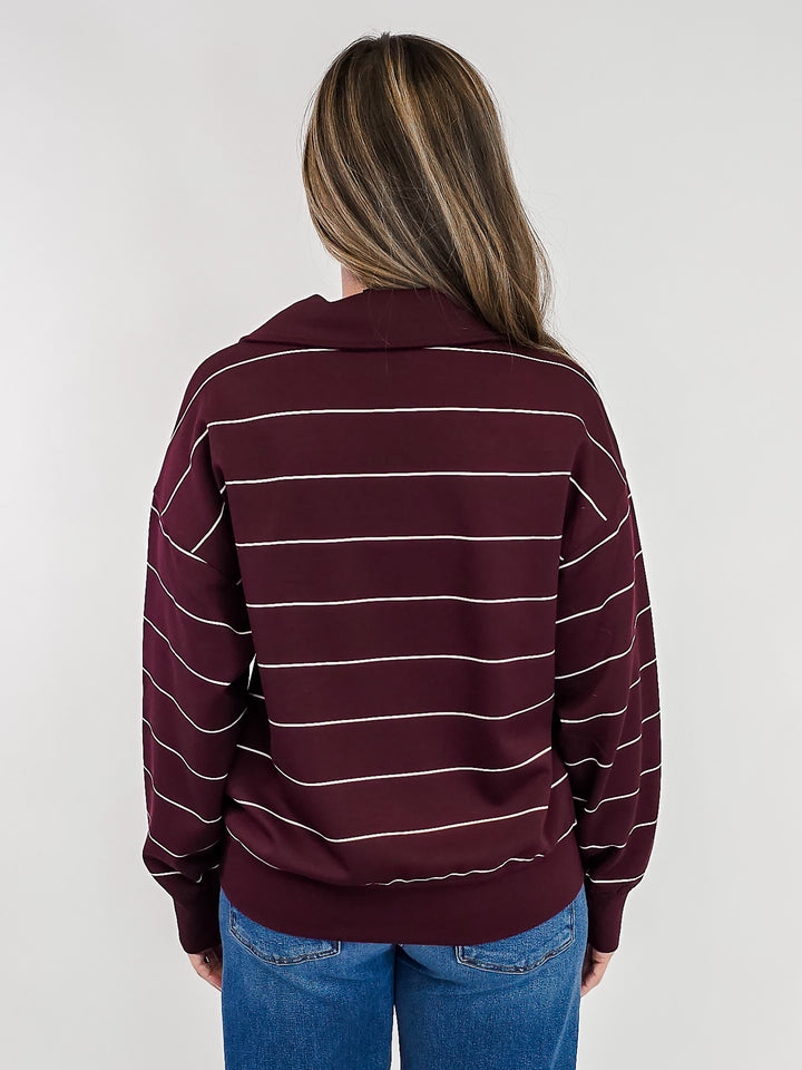 MODAL SCUBA STRIPED POLO SWEATSHIRT - DARK CHERRY/CREAM