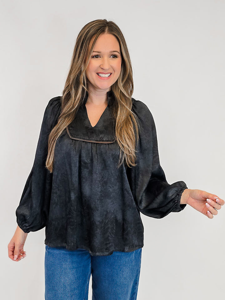 CRINKLE BROCADE LONG SLEEVE BLOUSE - BLACK