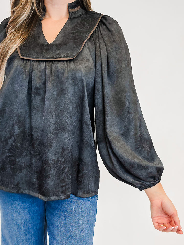 CRINKLE BROCADE LONG SLEEVE BLOUSE - BLACK