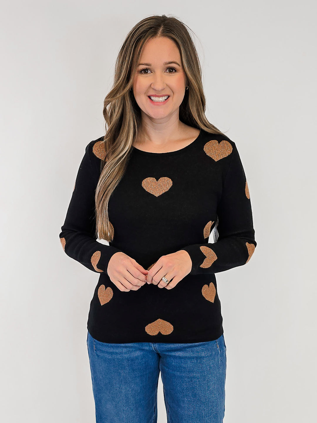 LONG SLEEVE METALLIC HEART SWEATER - BLACK