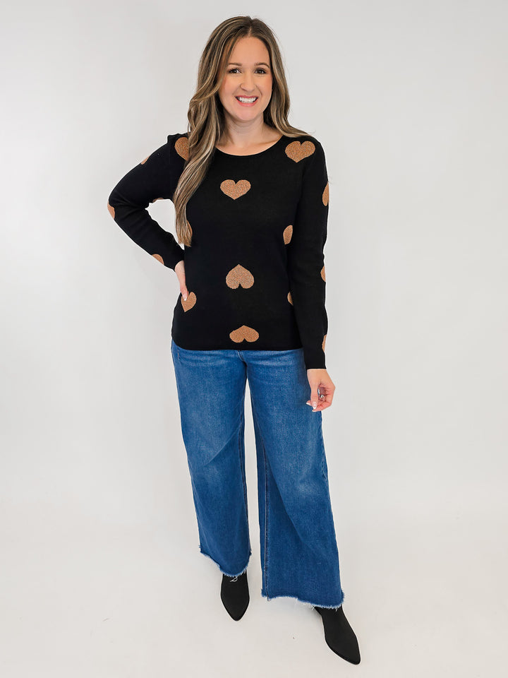LONG SLEEVE METALLIC HEART SWEATER - BLACK