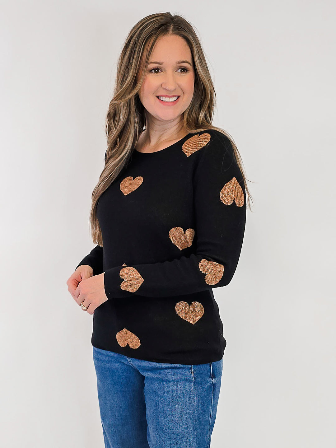 LONG SLEEVE METALLIC HEART SWEATER - BLACK