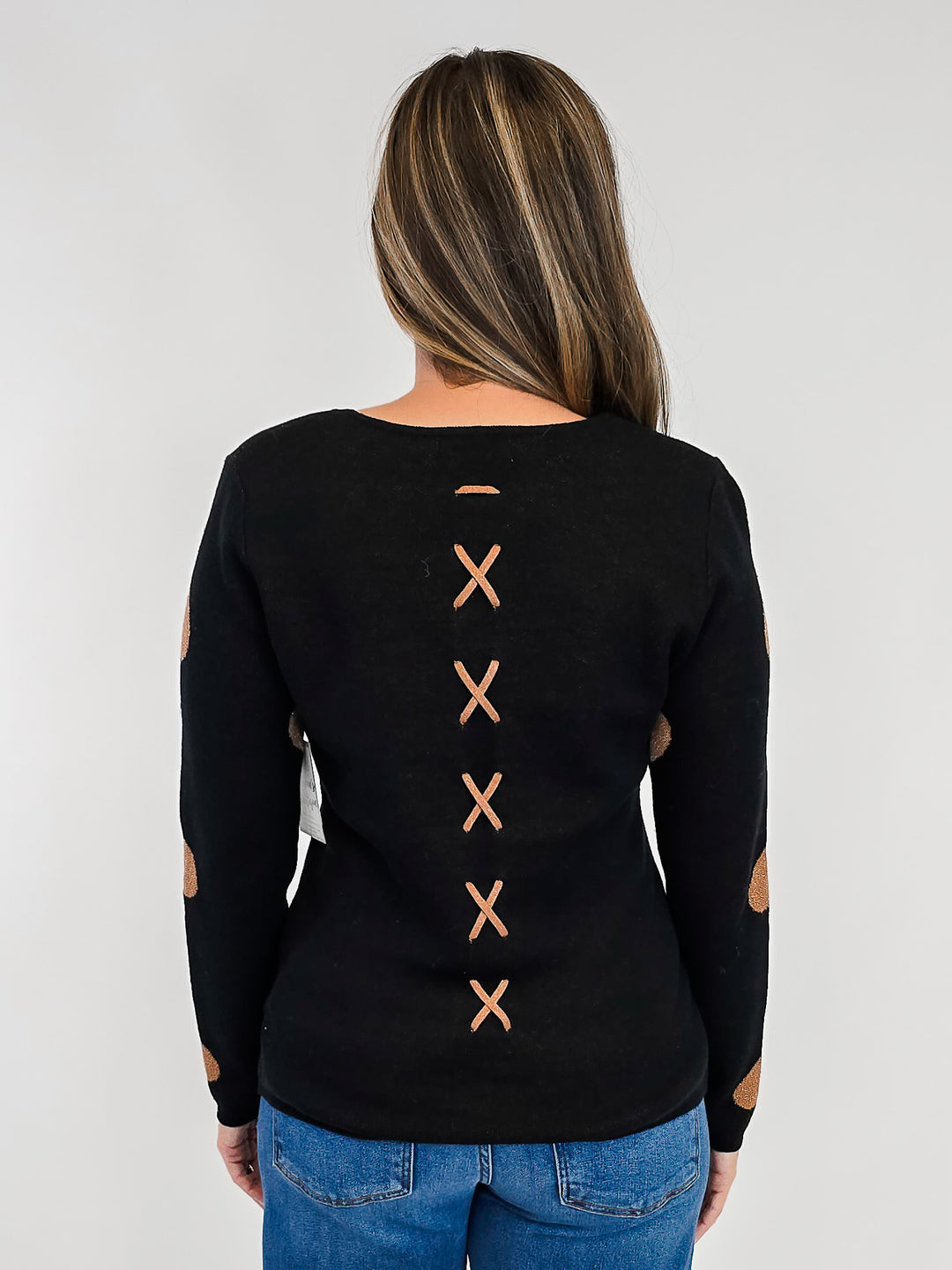 LONG SLEEVE METALLIC HEART SWEATER - BLACK