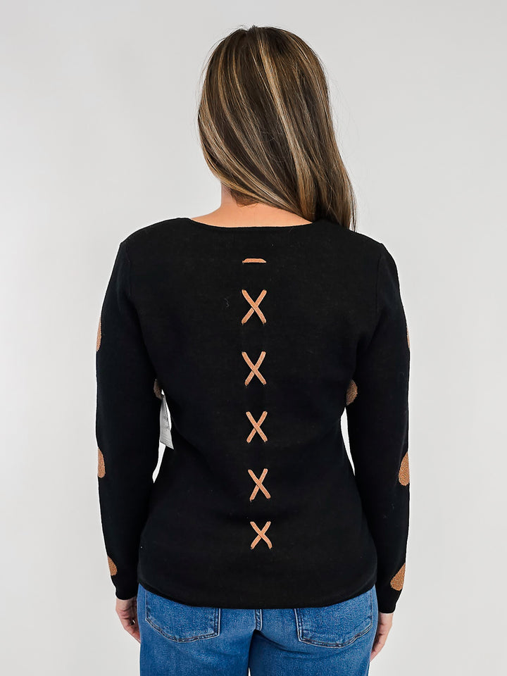 LONG SLEEVE METALLIC HEART SWEATER - BLACK