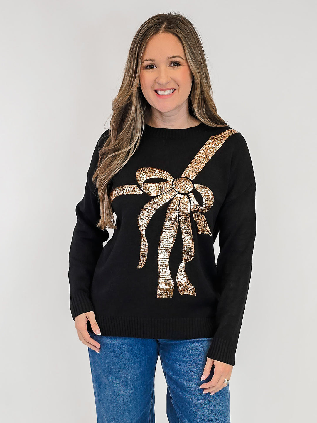 CHRISTMAS SEQUIN BOW SWEATER - BLACK