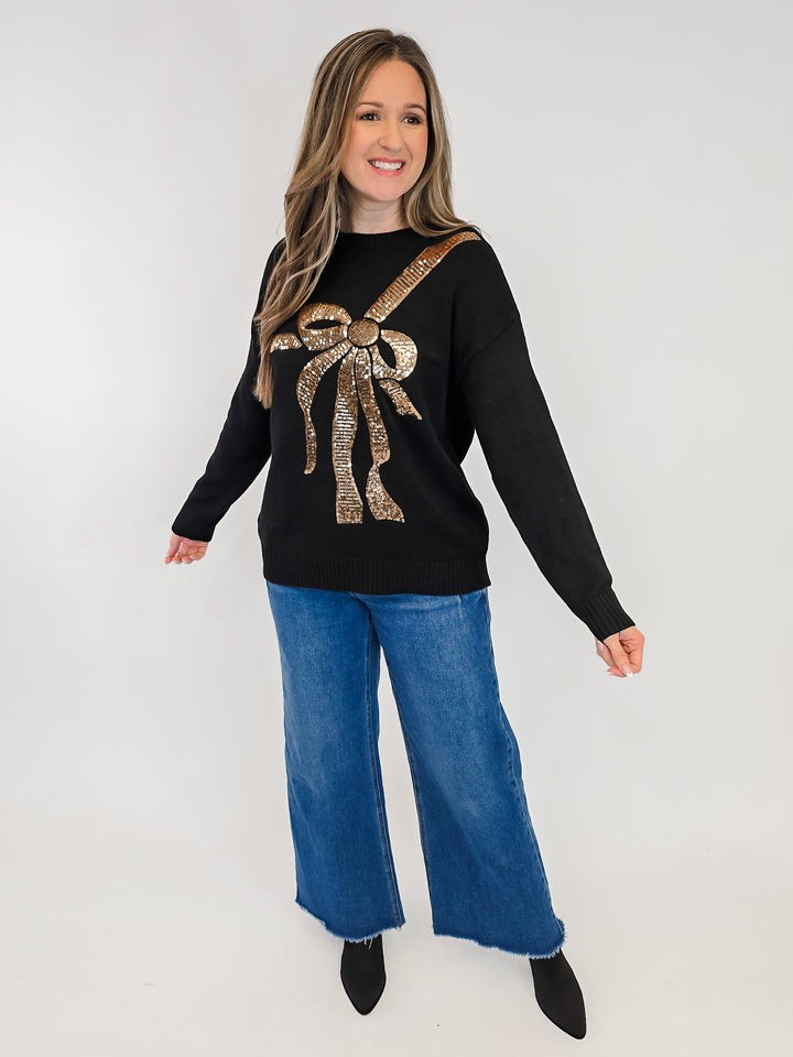 CHRISTMAS SEQUIN BOW SWEATER - BLACK