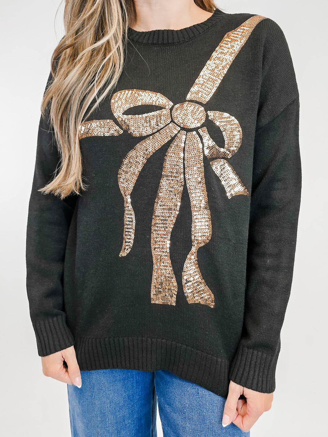 CHRISTMAS SEQUIN BOW SWEATER - BLACK