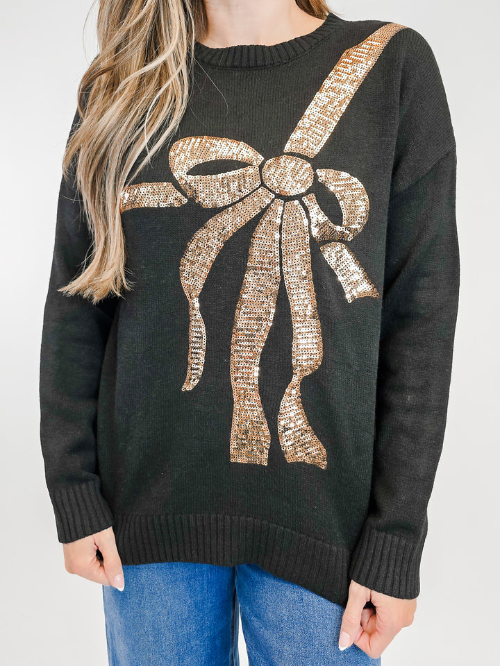 CHRISTMAS SEQUIN BOW SWEATER - BLACK
