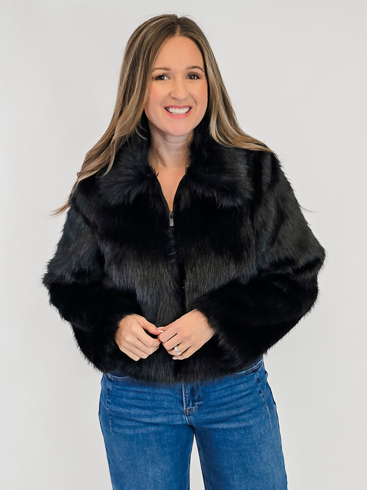 ZIP UP FUR JACKET - BLACK