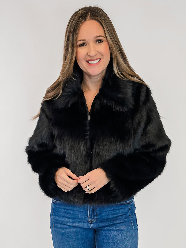 ZIP UP FUR JACKET - BLACK