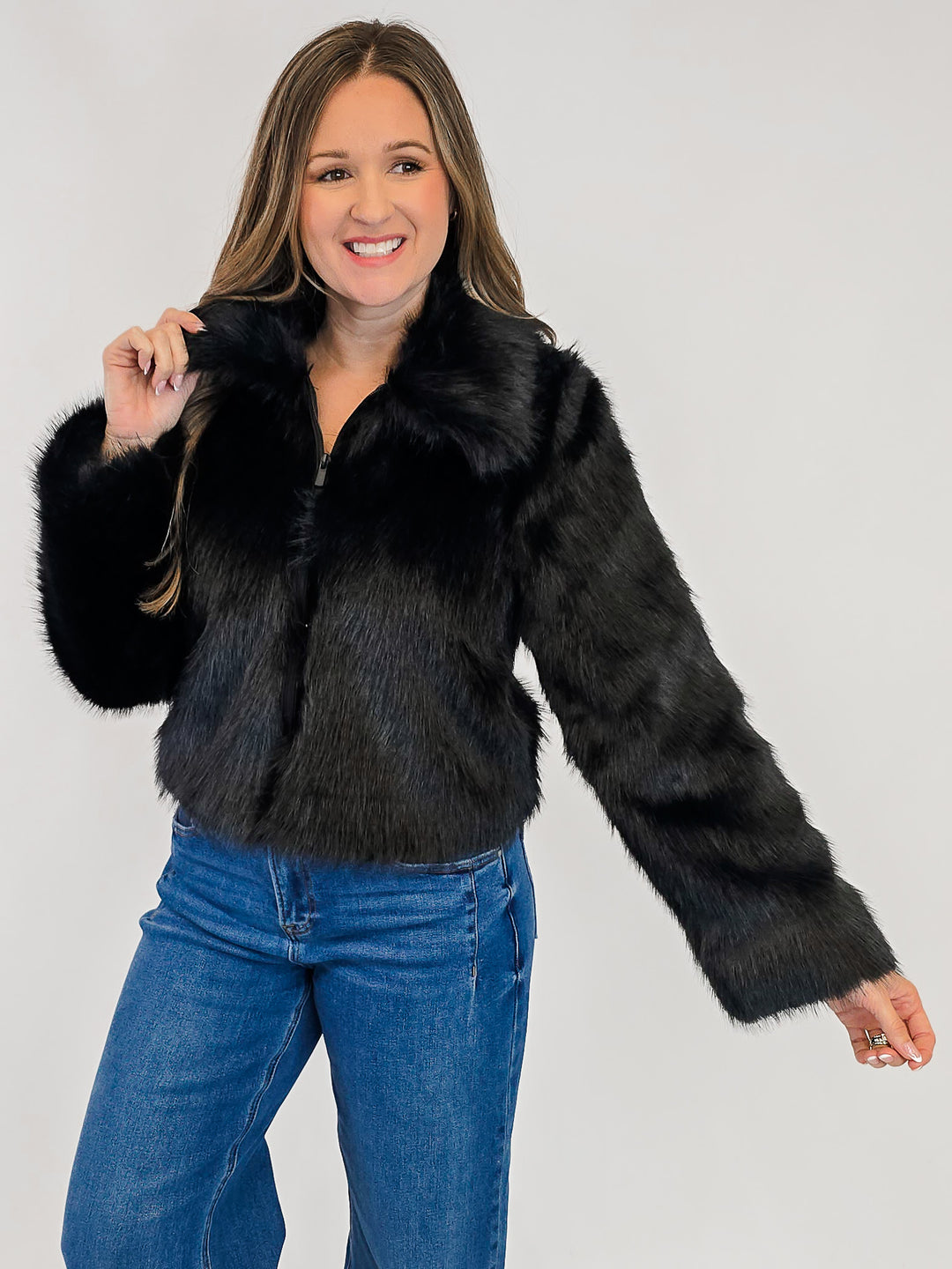 ZIP UP FUR JACKET - BLACK