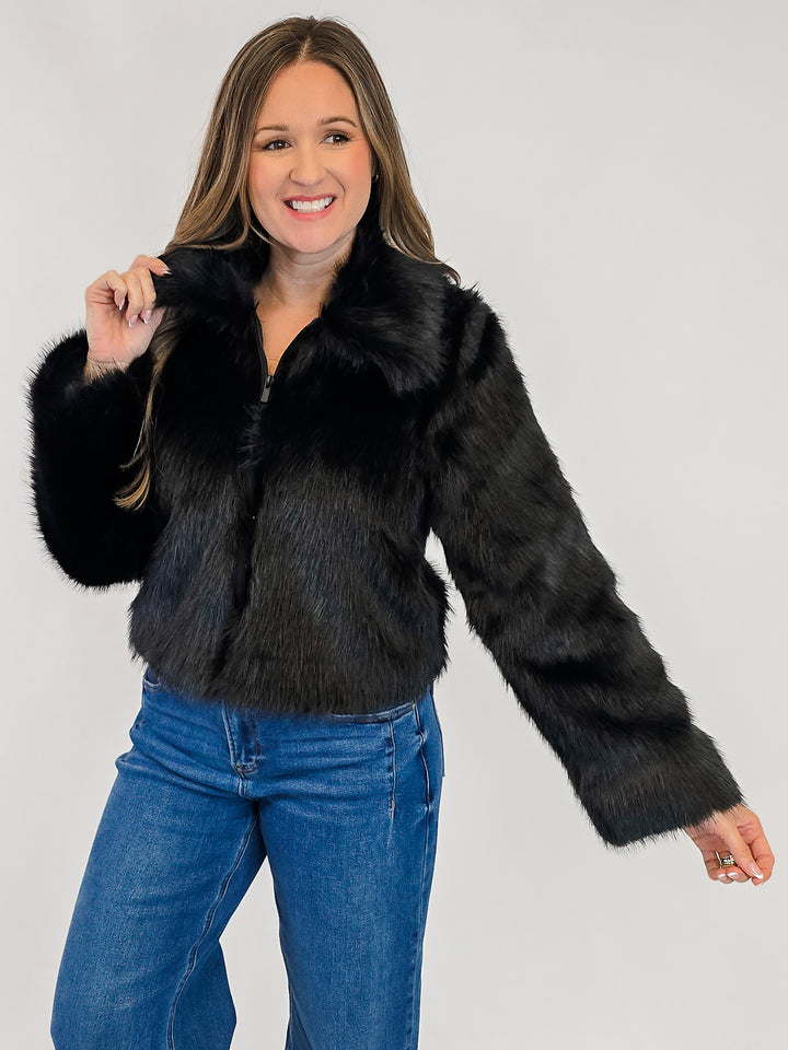 ZIP UP FUR JACKET - BLACK