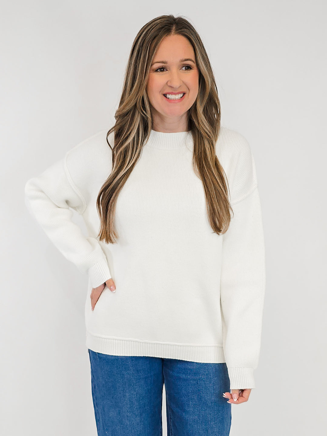 SOLID LONG SLEEVE KNIT PULLOVER SWEATER - IVORY