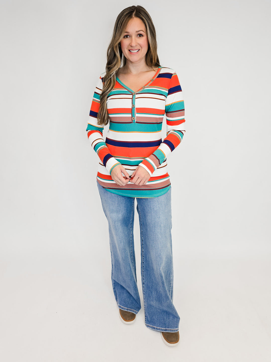 MULTI-STRIPED BUTTON DETAIL L/S TOP - NAVY/GREEN/MAUVE