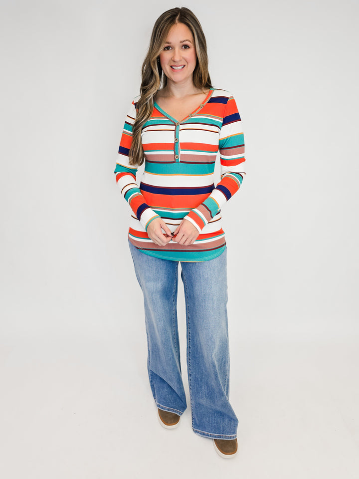 MULTI-STRIPED BUTTON DETAIL L/S TOP - NAVY/GREEN/MAUVE