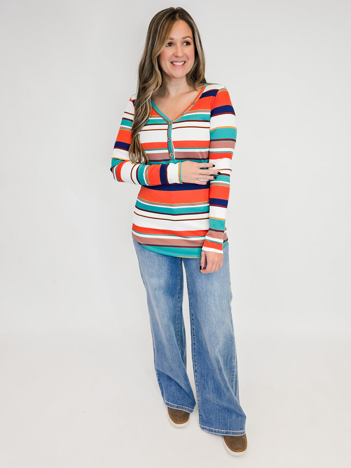 MULTI-STRIPED BUTTON DETAIL L/S TOP - NAVY/GREEN/MAUVE