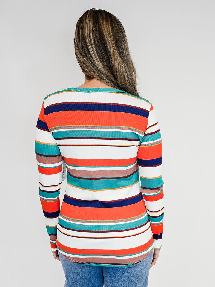 MULTI-STRIPED BUTTON DETAIL L/S TOP - NAVY/GREEN/MAUVE