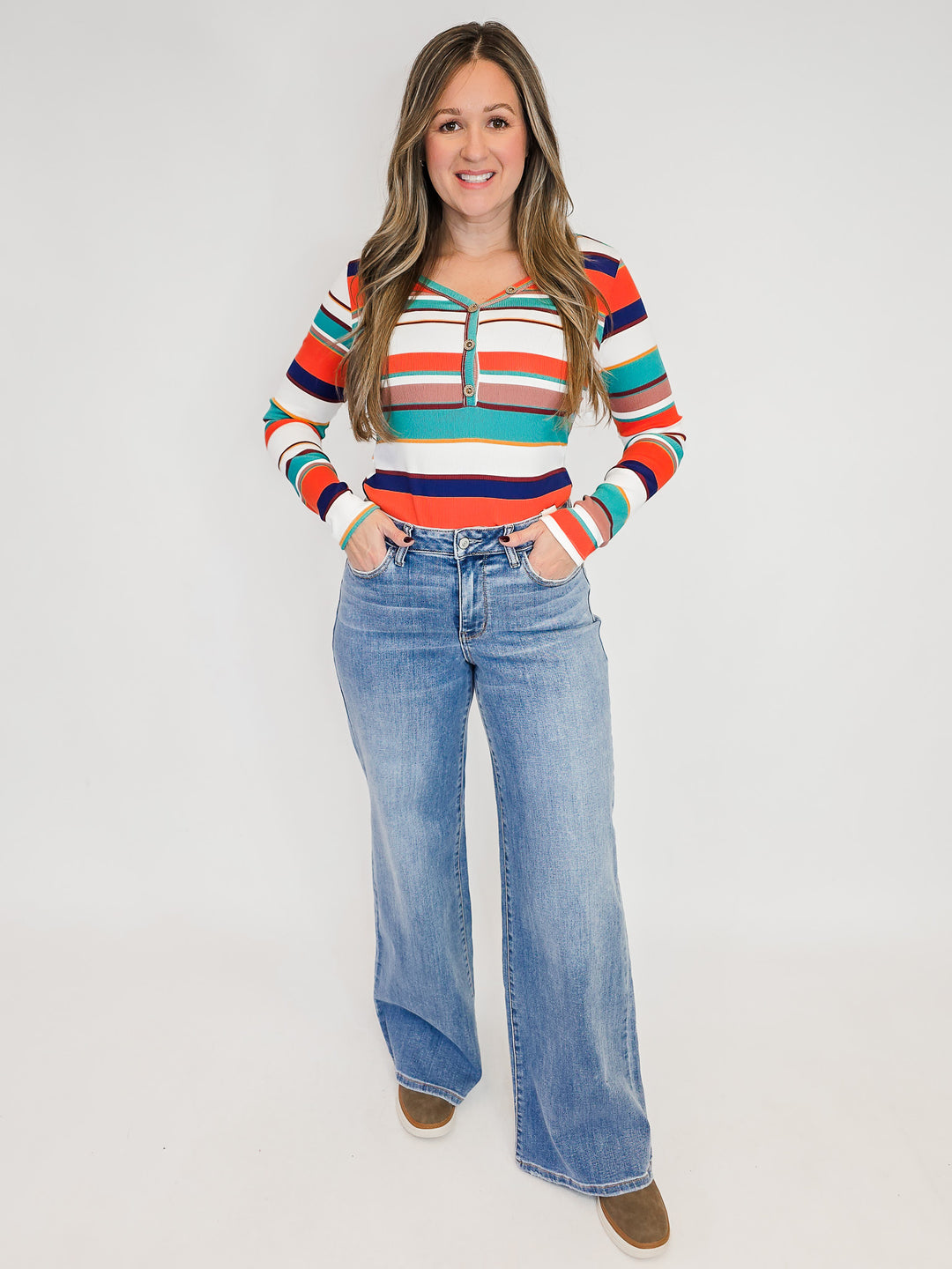 MULTI-STRIPED BUTTON DETAIL L/S TOP - NAVY/GREEN/MAUVE