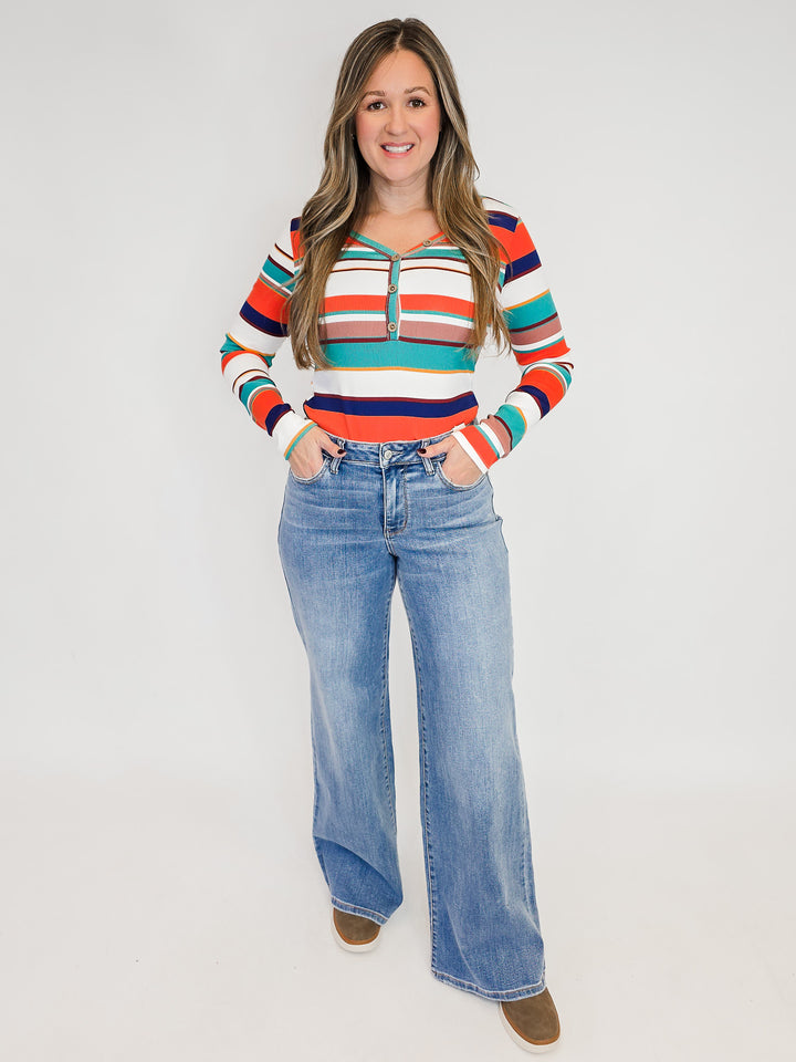 MULTI-STRIPED BUTTON DETAIL L/S TOP - NAVY/GREEN/MAUVE