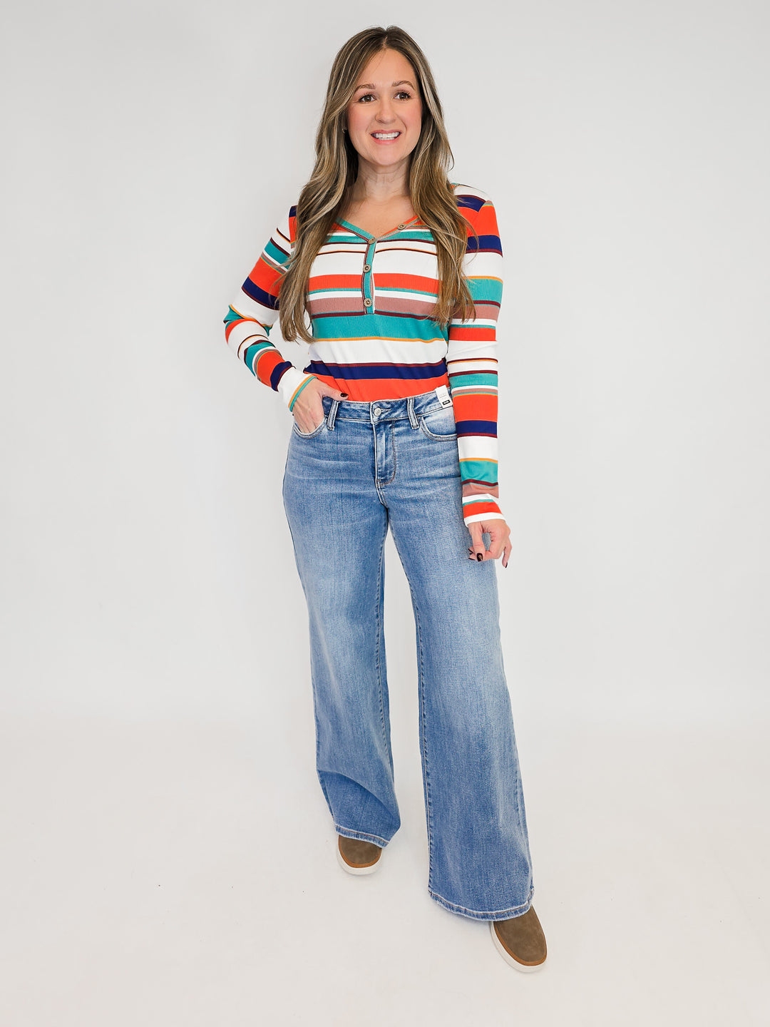 MULTI-STRIPED BUTTON DETAIL L/S TOP - NAVY/GREEN/MAUVE