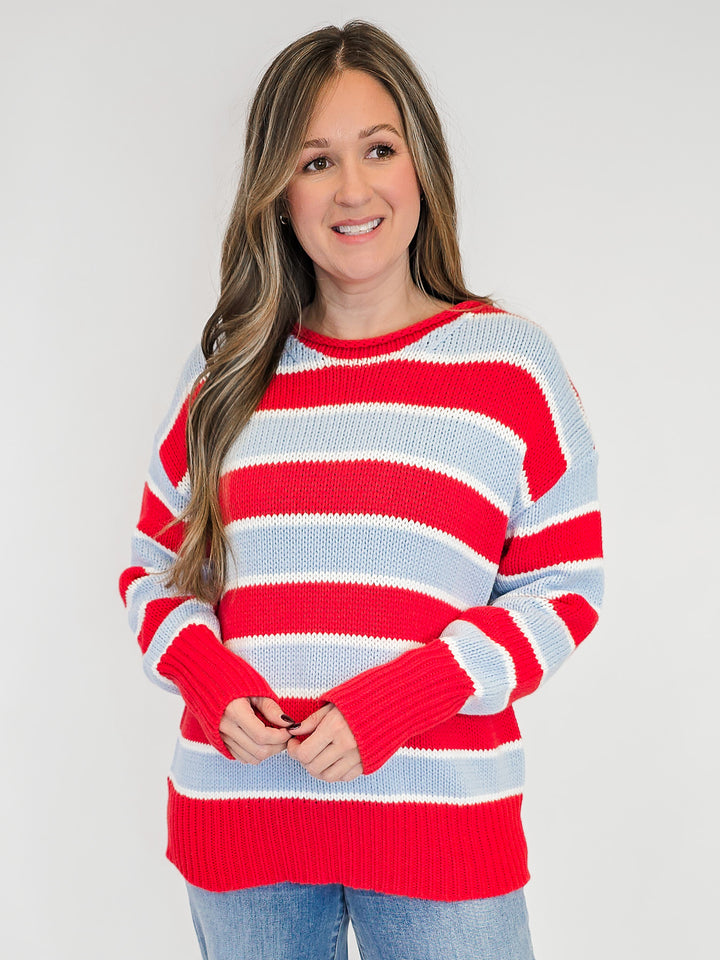 LONG SLEEVE WIDE STRIPED PULLOVER - RED COMBO