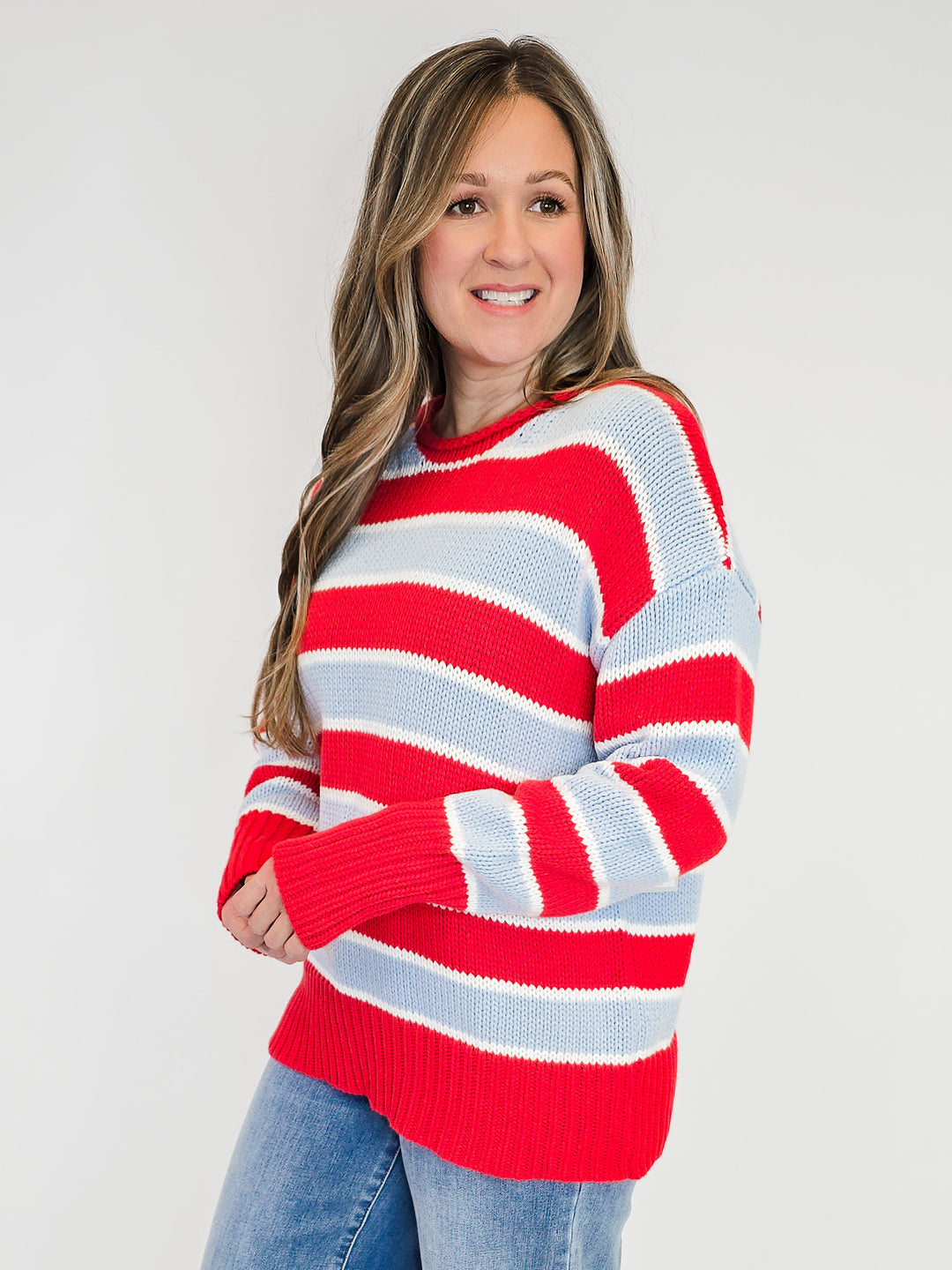 LONG SLEEVE WIDE STRIPED PULLOVER - RED COMBO