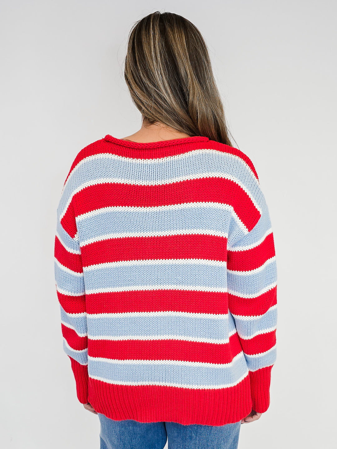 LONG SLEEVE WIDE STRIPED PULLOVER - RED COMBO