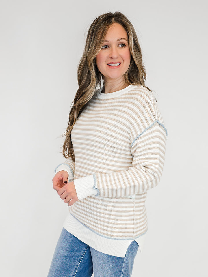 COTTON STRIPE ROLL NECK CONTRAST SWEATER - ECRU STRIPED