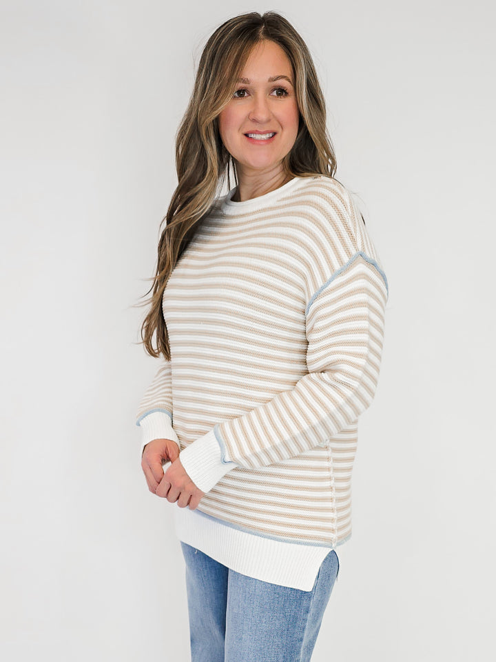 COTTON STRIPE ROLL NECK CONTRAST SWEATER - ECRU STRIPED
