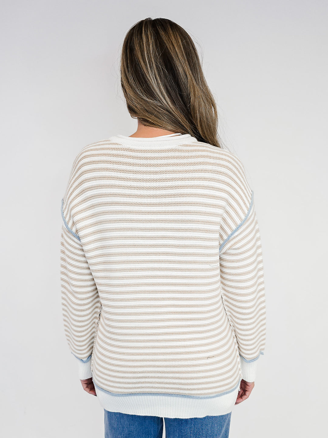 COTTON STRIPE ROLL NECK CONTRAST SWEATER - ECRU STRIPED