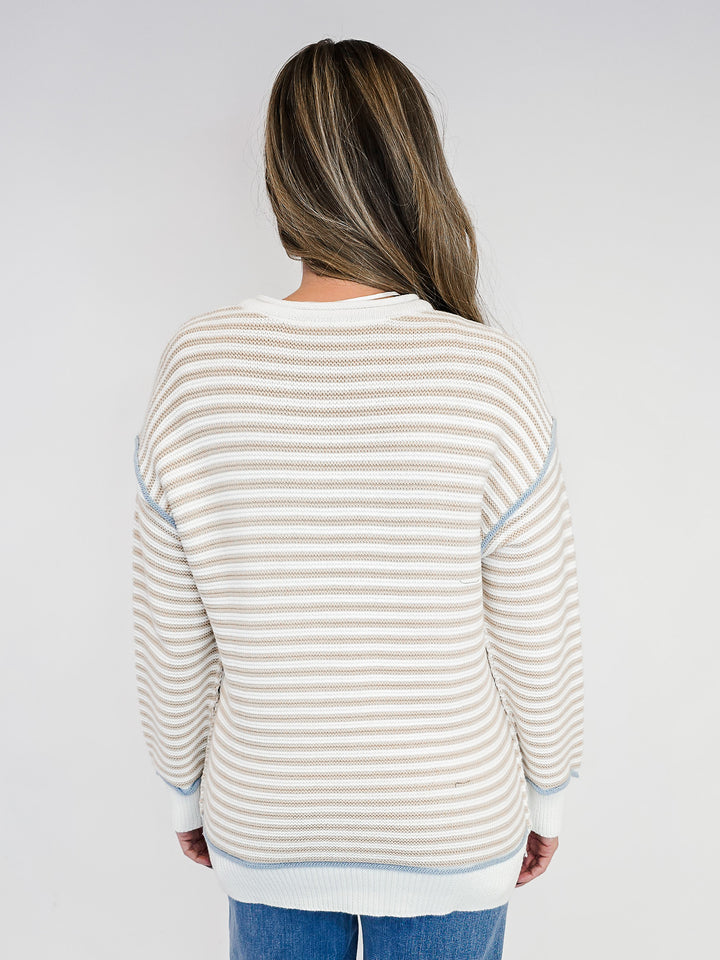 COTTON STRIPE ROLL NECK CONTRAST SWEATER - ECRU STRIPED