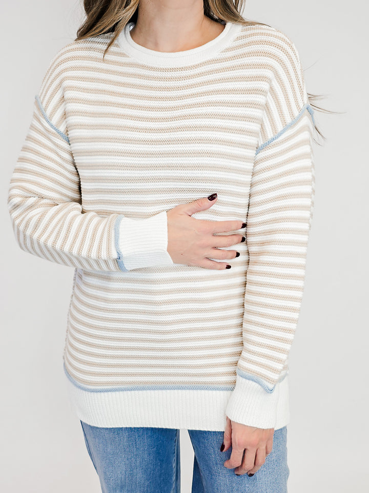COTTON STRIPE ROLL NECK CONTRAST SWEATER - ECRU STRIPED