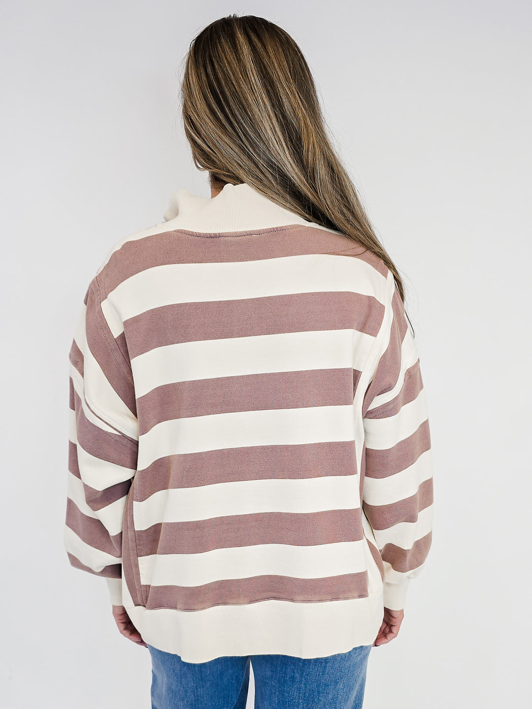 RUGBY STRIPED WASHED TERRY PULLOVER - MOCHA