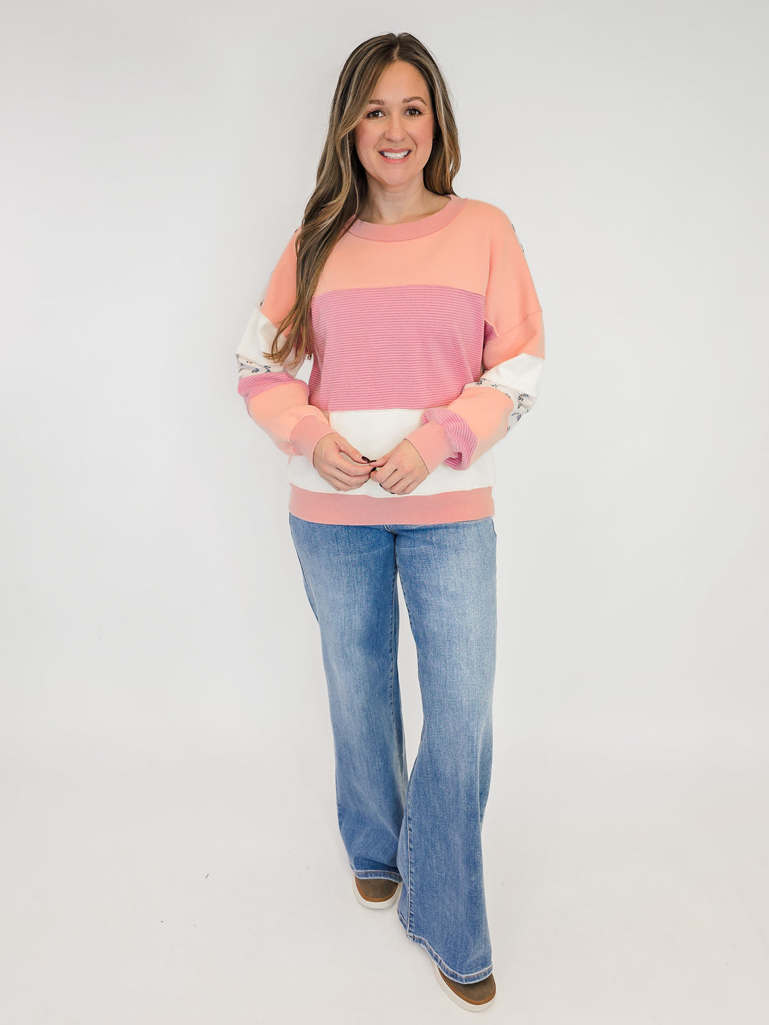 PRINT AND COLOR MIX WASHED TERRY PULLOVER - BLUSH PINK