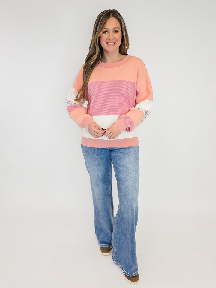 PRINT AND COLOR MIX WASHED TERRY PULLOVER - BLUSH PINK