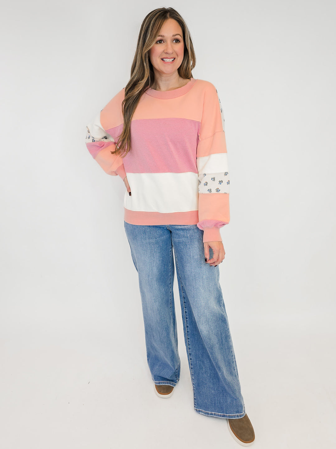 PRINT AND COLOR MIX WASHED TERRY PULLOVER - BLUSH PINK