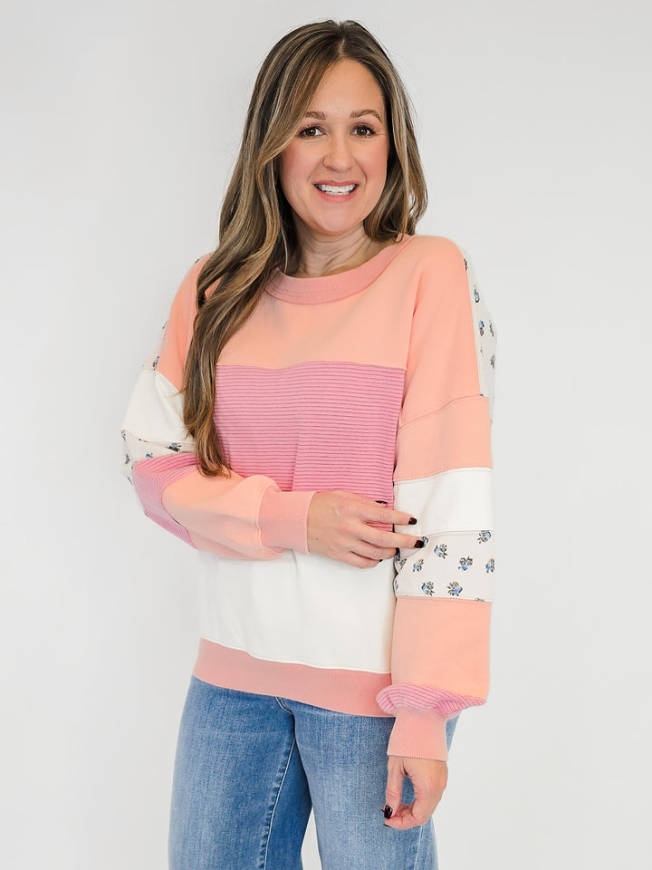 PRINT AND COLOR MIX WASHED TERRY PULLOVER - BLUSH PINK