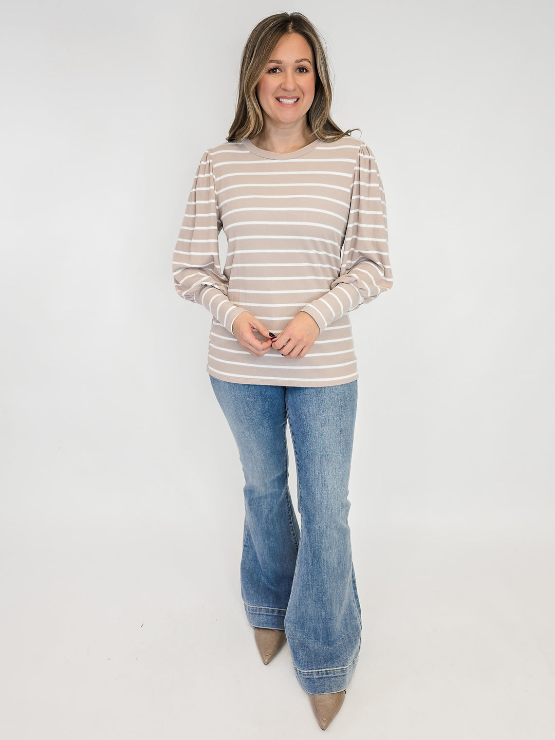 PUFF LONG SLEEVE STRIPED TOP - TAUPE